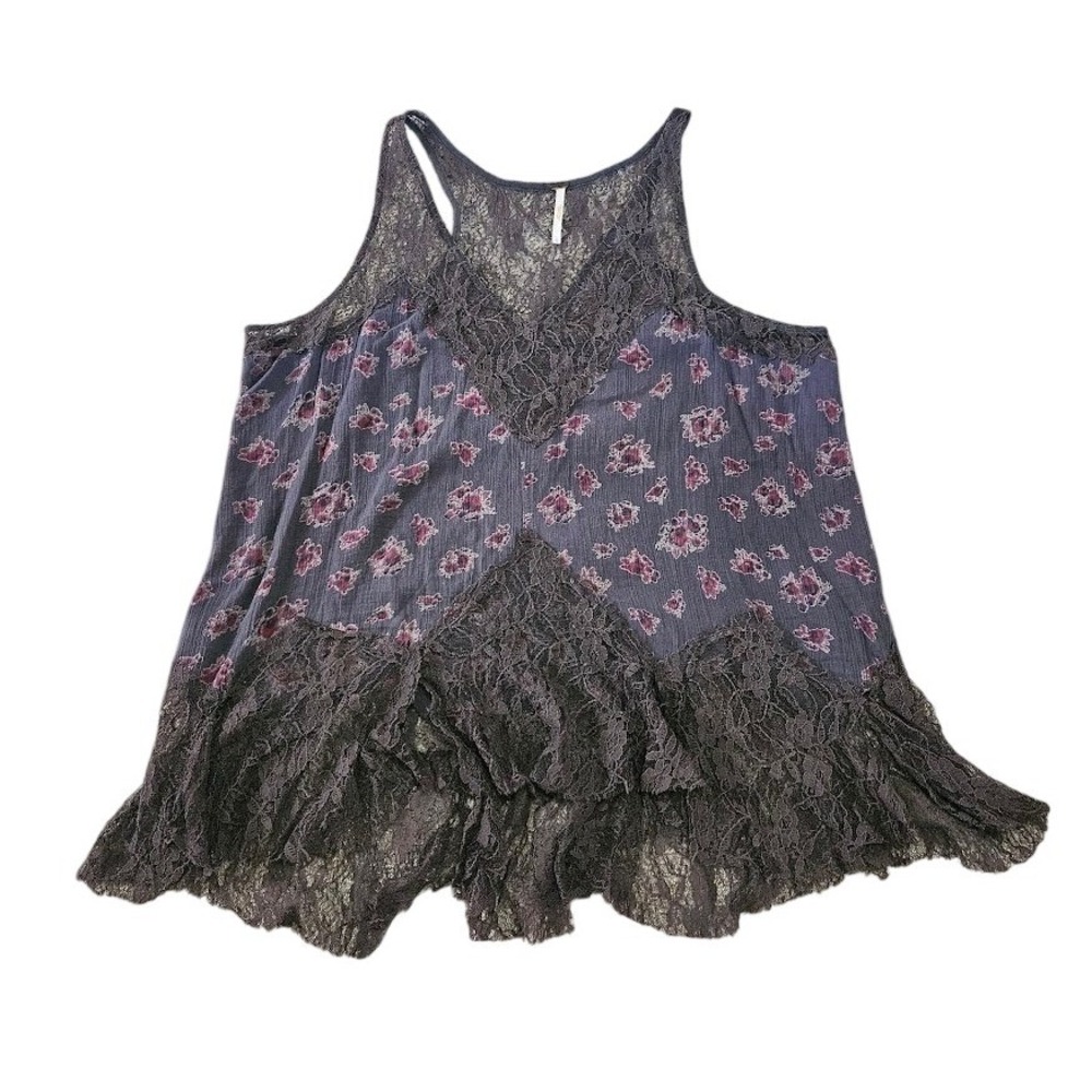 Free People Floral Lace Trim Racerback Tank Top Grey Purple Large Boho Romantic